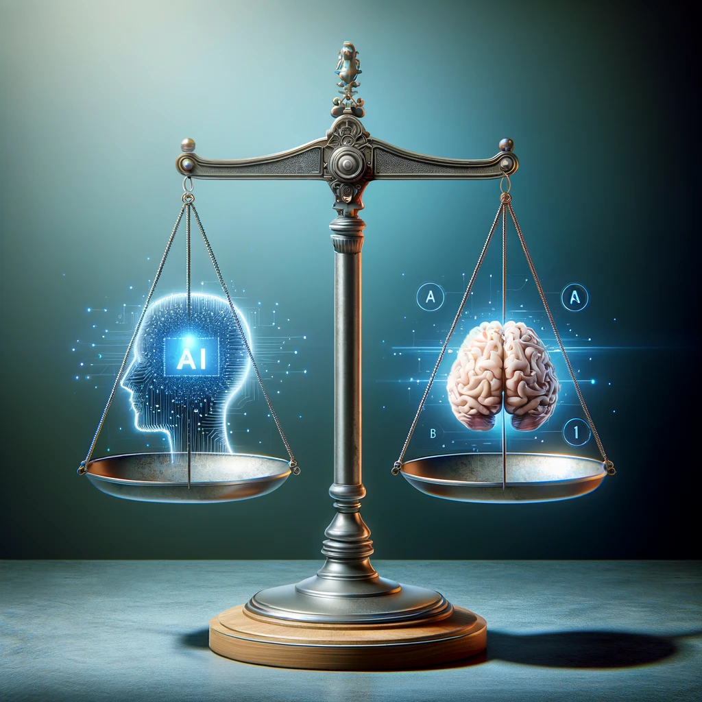 A dynamic image depicting a human figure and an AI symbol on a scale, symbolizing the balance between human judgment and artificial intelligence in a business context.